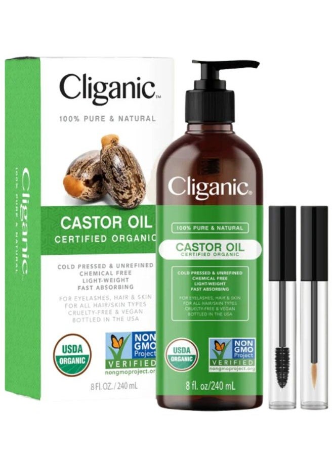 Organic Castor Oil 8oz/240ml, For Eyelashes, Eyebrows, Hair & Skin