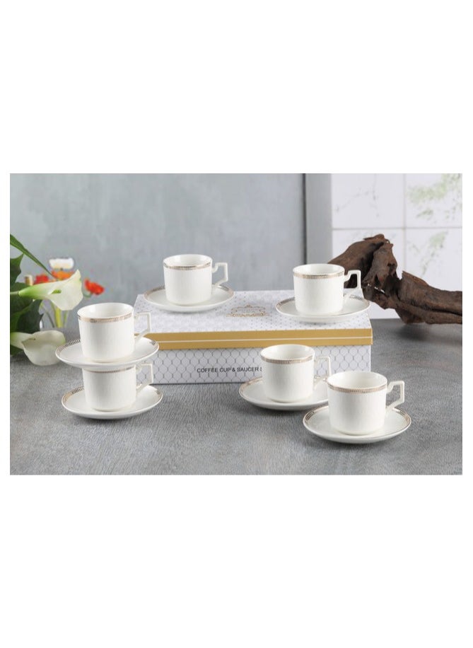 Shallow New Bone China Lara Coffee Cup & Saucer Set, 90ml (White, 6 Cups, 6 Saucer)