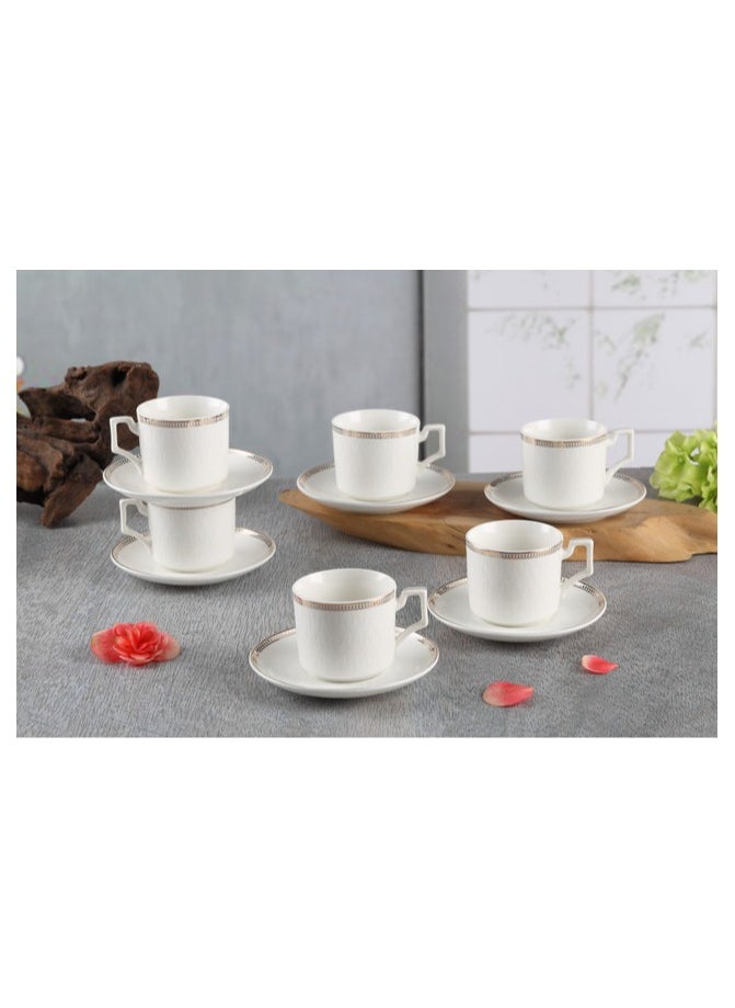 Shallow New Bone China Lara Coffee Cup & Saucer Set, 90ml (White, 6 Cups, 6 Saucer)