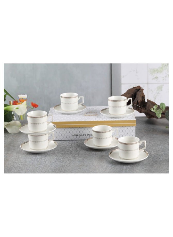 Shallow New Bone China Rosa Coffee Cup & Saucer Set, 90ml (White, 6 Cups, 6 Saucer)