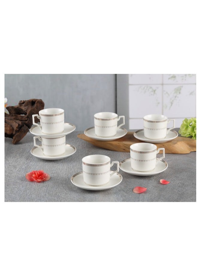 Shallow New Bone China Rosa Coffee Cup & Saucer Set, 90ml (White, 6 Cups, 6 Saucer)