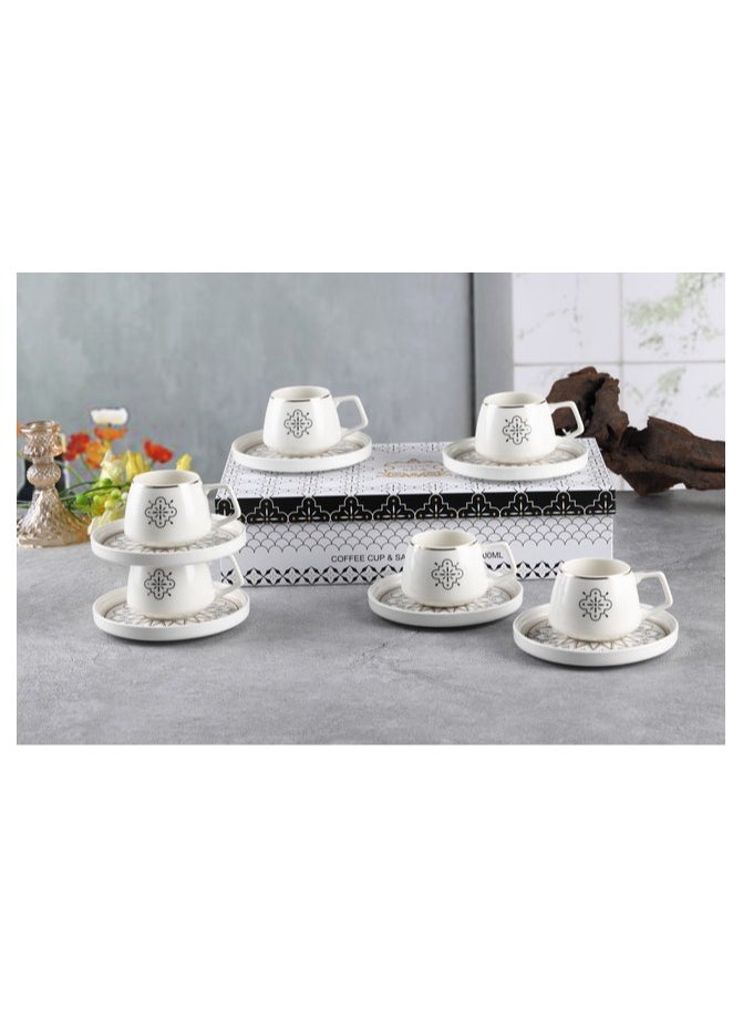 Shallow New Bone China Huma Coffee Cup & Saucer Set, 100ml (White, 6 Cups, 6 Saucer)