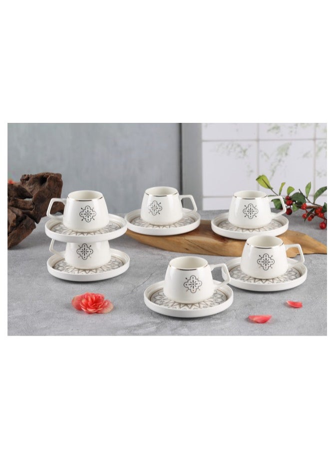 Shallow New Bone China Huma Coffee Cup & Saucer Set, 100ml (White, 6 Cups, 6 Saucer)