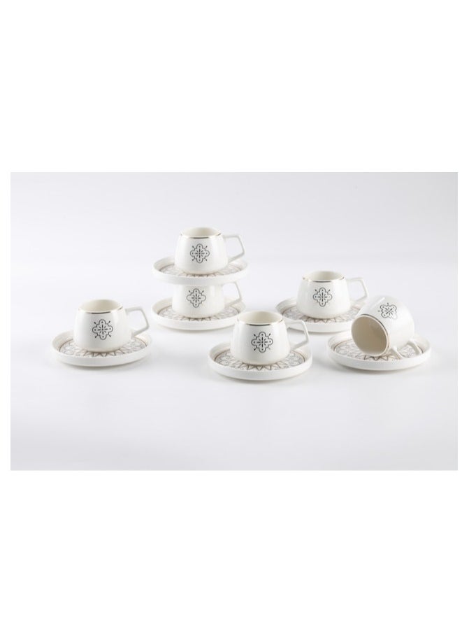 Shallow New Bone China Huma Coffee Cup & Saucer Set, 100ml (White, 6 Cups, 6 Saucer)