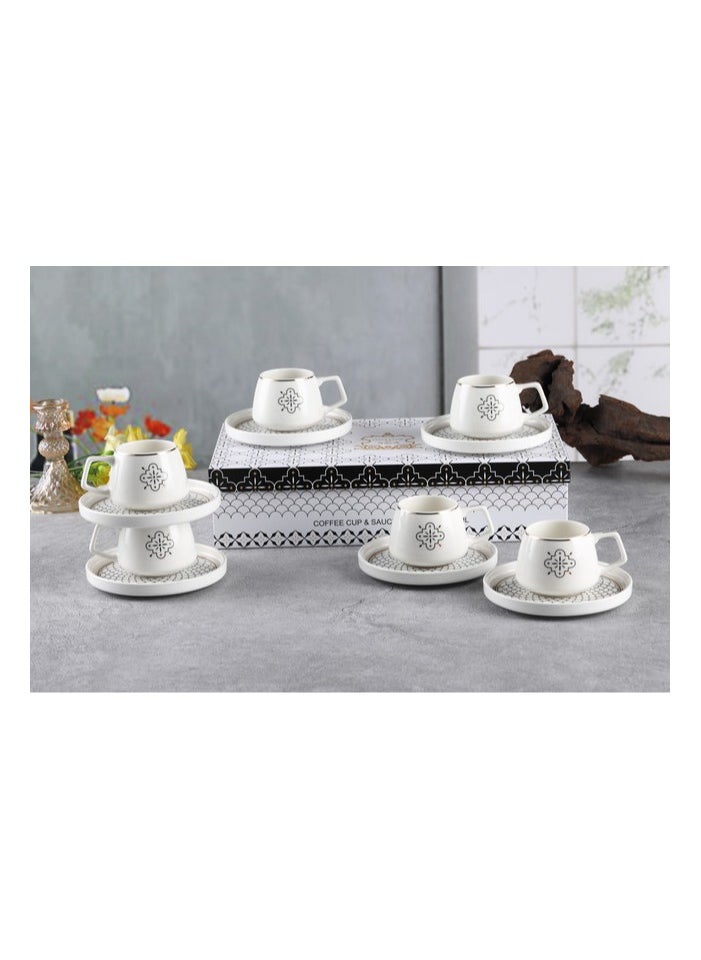 Shallow New Bone China Mona Coffee Cup & Saucer Set, 100ml (White, 6 Cups, 6 Saucer)