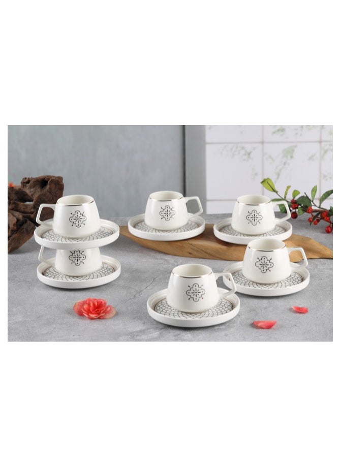 Shallow New Bone China Mona Coffee Cup & Saucer Set, 100ml (White, 6 Cups, 6 Saucer)