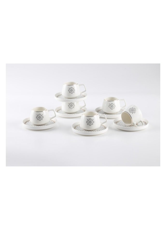 Shallow New Bone China Mona Coffee Cup & Saucer Set, 100ml (White, 6 Cups, 6 Saucer)