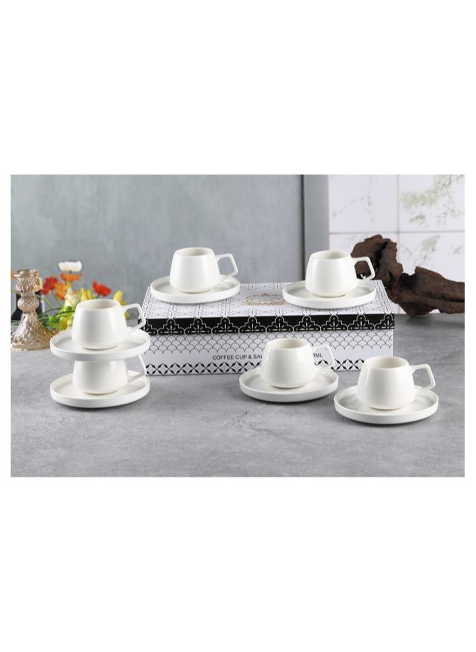 Shallow New Bone China EMA Coffee Cup & Saucer Set, 100ml (White, 6 Cups, 6 Saucer)