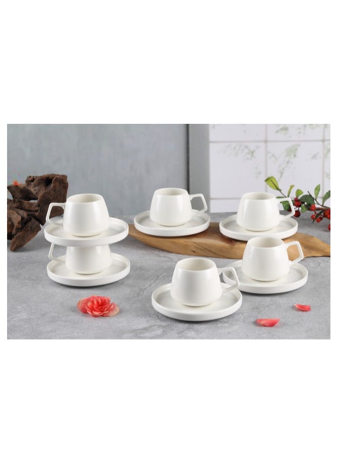 Shallow New Bone China EMA Coffee Cup & Saucer Set, 100ml (White, 6 Cups, 6 Saucer)