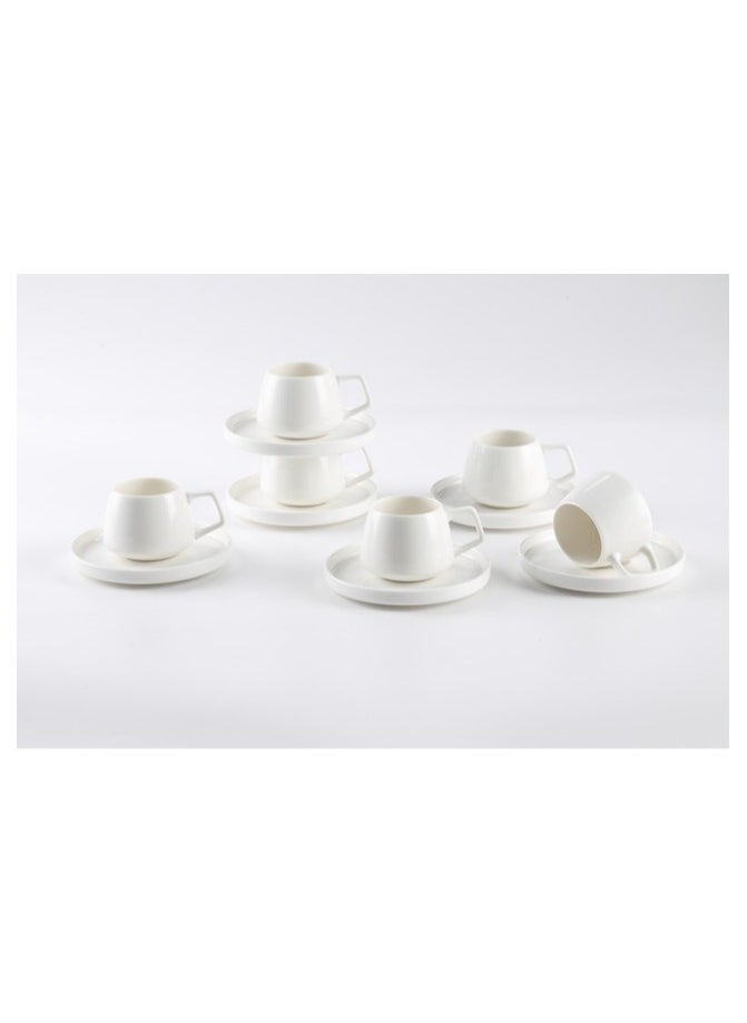 Shallow New Bone China EMA Coffee Cup & Saucer Set, 100ml (White, 6 Cups, 6 Saucer)