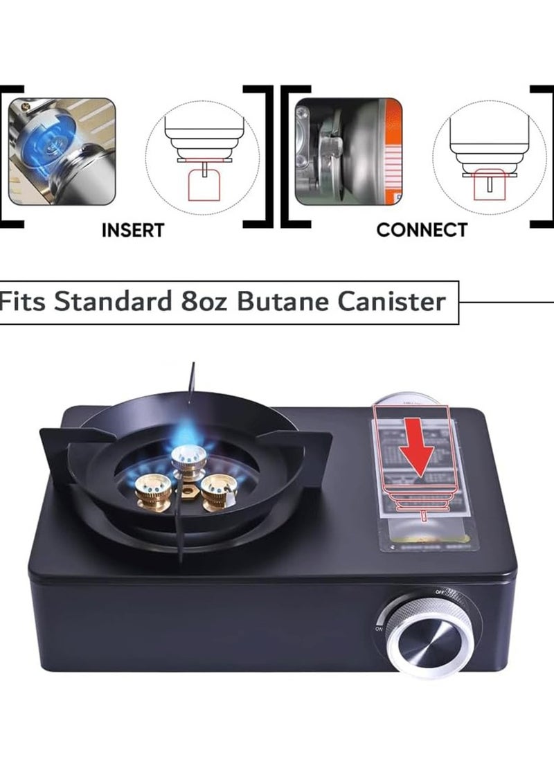 Portable Burner Camping Stove – Stainless Steel Propane Butane Gas Burner with Large Fire Power, Travel Carrying Case for Outdoor Cooking, Picnics, Hiking, BBQ Grilling – Compact and Lightweight Design