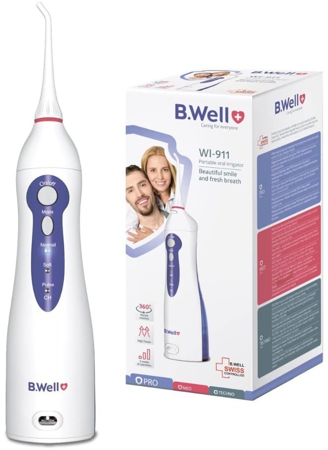 B.Well WI-911 3-Mode Portable Oral Irrigator Water Flosser with 2 User Tip & Li-ion Battery Charger Adapter