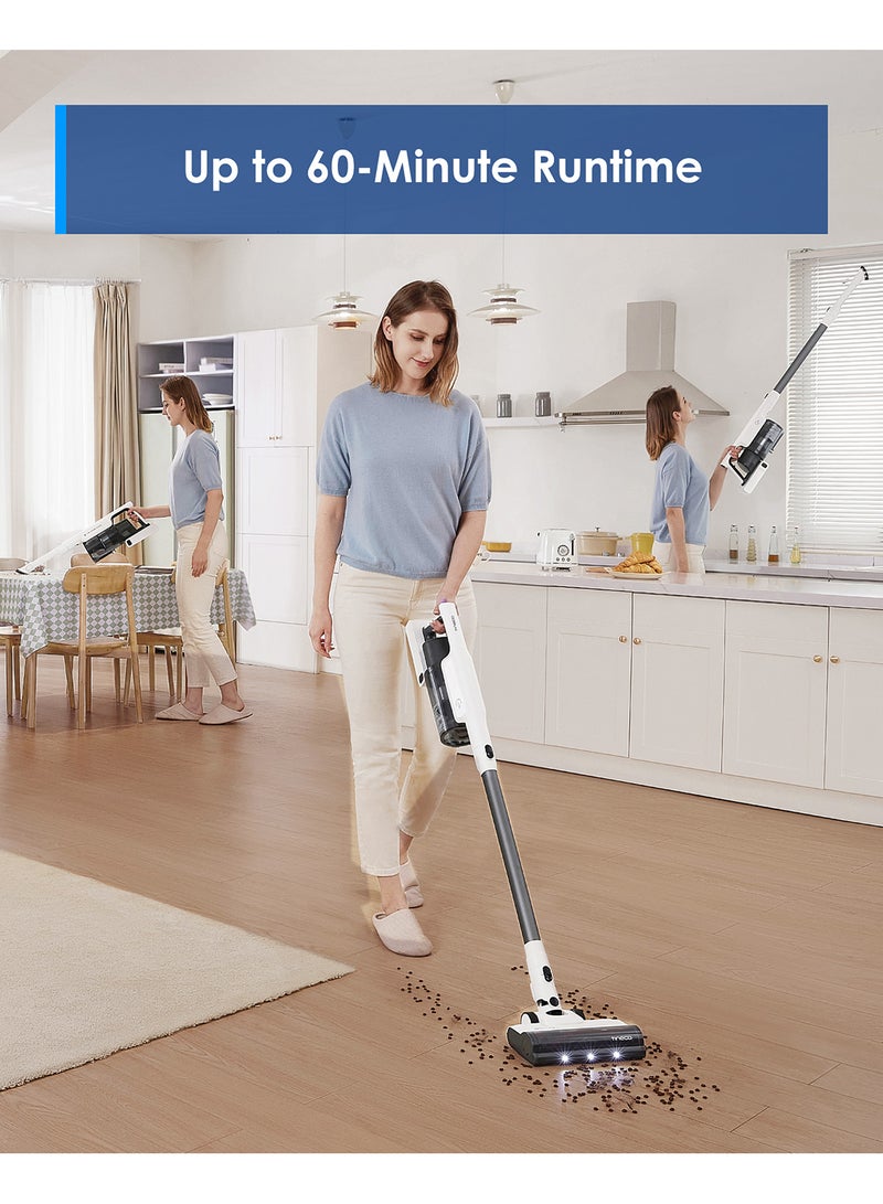 Tineco A30S Cordless Stick Vacuum Cleaner, 160W Suction, 60Min Runtime, 1L Larger Dustbin, ZeroTangle Brush,Tineco PureCyclone Tech, LED Headlight 500 W A30S White