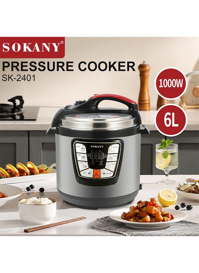 6L Electric Pressure Cooker Digital Multi Cooker,Instant Pot Multi-Function Menu, Scheduled Appointment, Non-Stick Inner Pot, Stainless Steel Body, Touch Screen,1000w SK-2401 Silver/Black