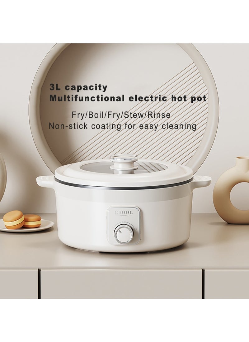 Electric Hot Pot 3L Multi-functional Stove-less Cooking Pot 1000W Power Non Stick Pot Overheating Boiled and Dry Protection Fry/Boil/Stew/Rinse (CN Plug)