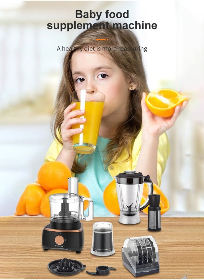 7-in-1 Food Processor,1.5L Multifunctional Kitchen Appliance with Blender + Meat Grinder + Coffee Grinder + Citrus Juicer + Food Processor+Vegetable Slice + Dough Maker + Whisker,1000 W,SK-7040,Black