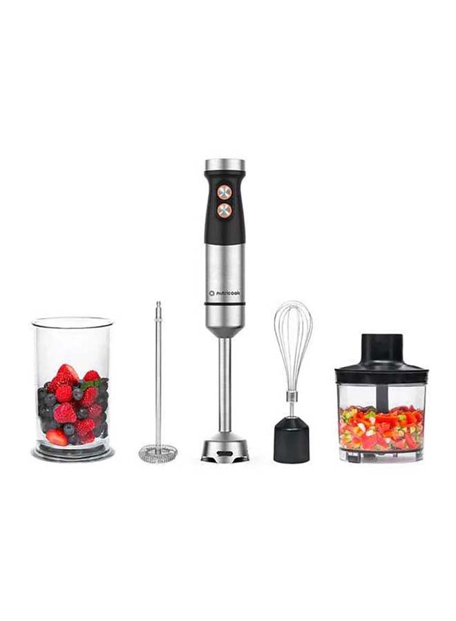 Electric Hand blender, Motor Unit, Blender Arm, Whisk Holder, Whisk, Milk Frother, 500mL Chopper, 700mL Beaker, User Manual, NC-HB100 Stainless Steel