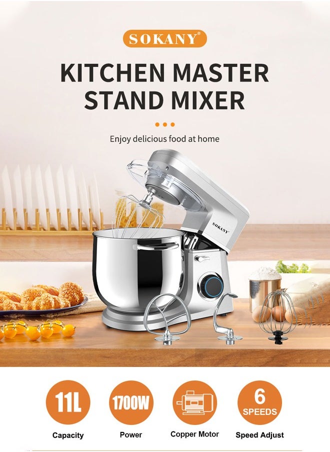 Stand Mixer Kitchen Machine,11L/6 Speed 1700W Electric Food Mixer with Stainless Steel Mixing Bowl  with Pulse or Eject Button Whisk Beaters Dough Hook,Ideal for Bread and Dough,SK-269,Silver