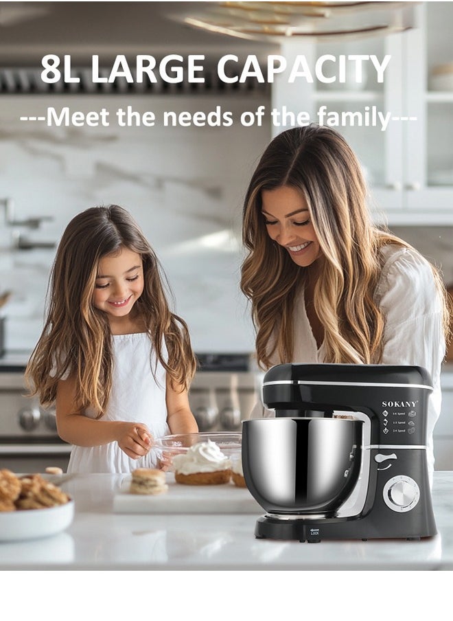 Kitchen Stand Mixer,  with 8L Stainless Steel Bowl, 6 Speed Settings, Electric Food Mixer with Dough for Versatile Baking, Mixing and Kneading, Ideal for Precision Baking ,SK-275,Black/Silver