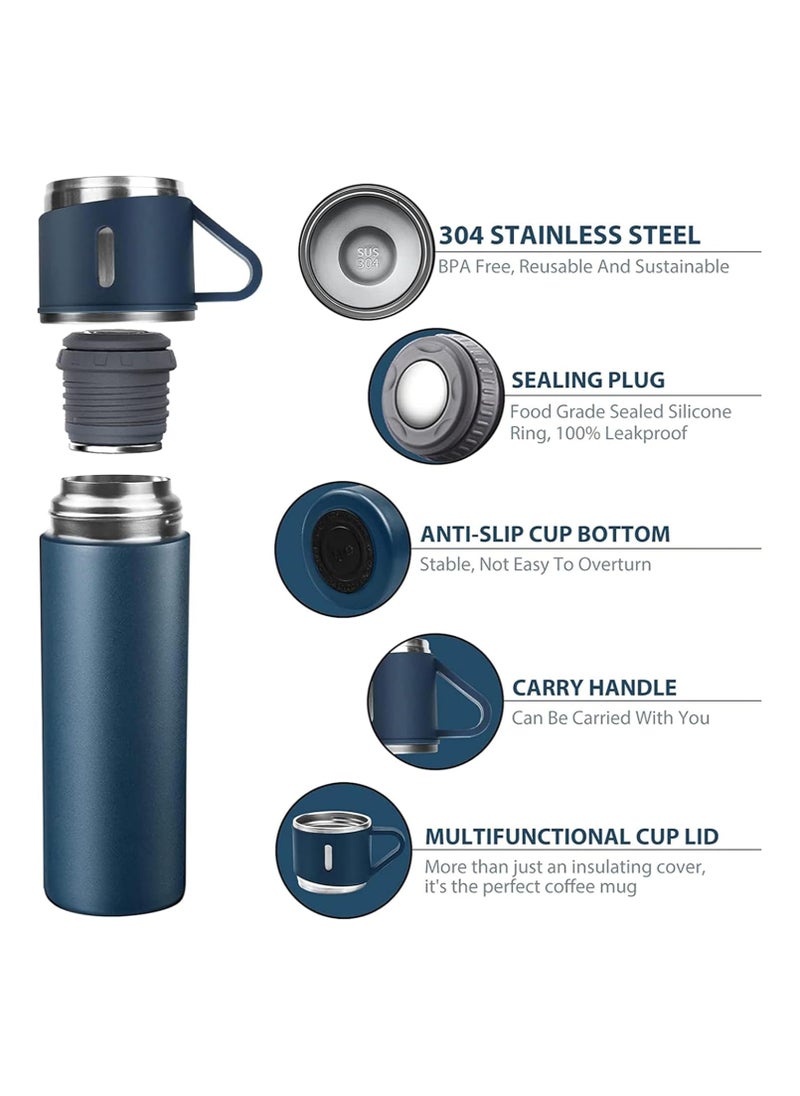 500ml Stainless Steel Vacuum Thermos Flask with Silicone Handle – Insulated Water Set with 2 Stainless Steel Cups for Hot & Cold Drinks – Ideal for Outdoor Travel, Camping, Hiking | Gift Box Set (2 PACK) BLUE.