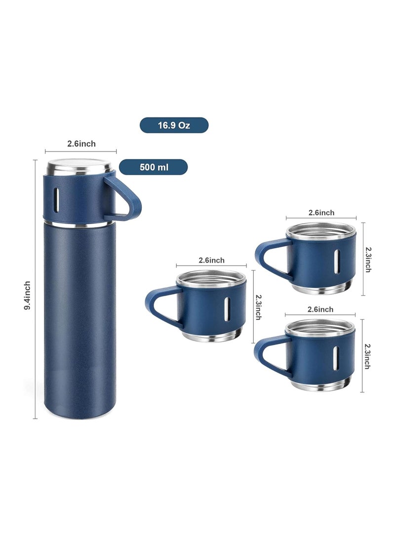 500ml Stainless Steel Vacuum Thermos Flask with Silicone Handle – Insulated Water Set with 2 Stainless Steel Cups for Hot & Cold Drinks – Ideal for Outdoor Travel, Camping, Hiking | Gift Box Set (2 PACK) BLUE.