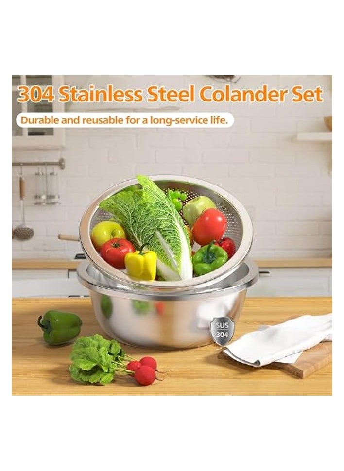 Kitchen Colanders Bowl Set, 304-Stainless-Steel Colander with Mixing Bowls, Metal Strainer Set Microporous Colander for Washing & Draining Rice, Fruit, Vegetables, Noodle, Cooked pasta(2PC)