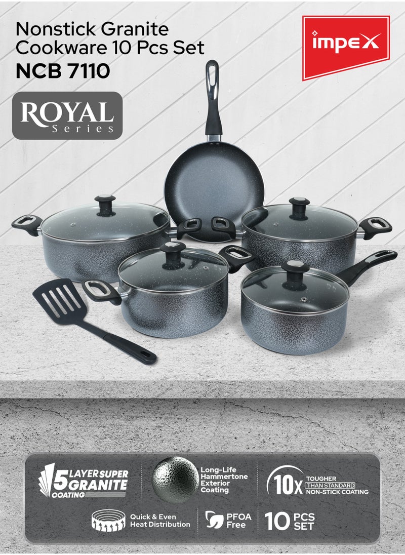 10-Piece Aluminum Cookware Set,5 Layer Super Granite Coating, Non-Stick Surface, Fry Pan 24cm,3 Saucepan with Lid 28\24\20cm, Milk Pan with Lid 18cm And Spatula, PFOA Free-NCB 7110