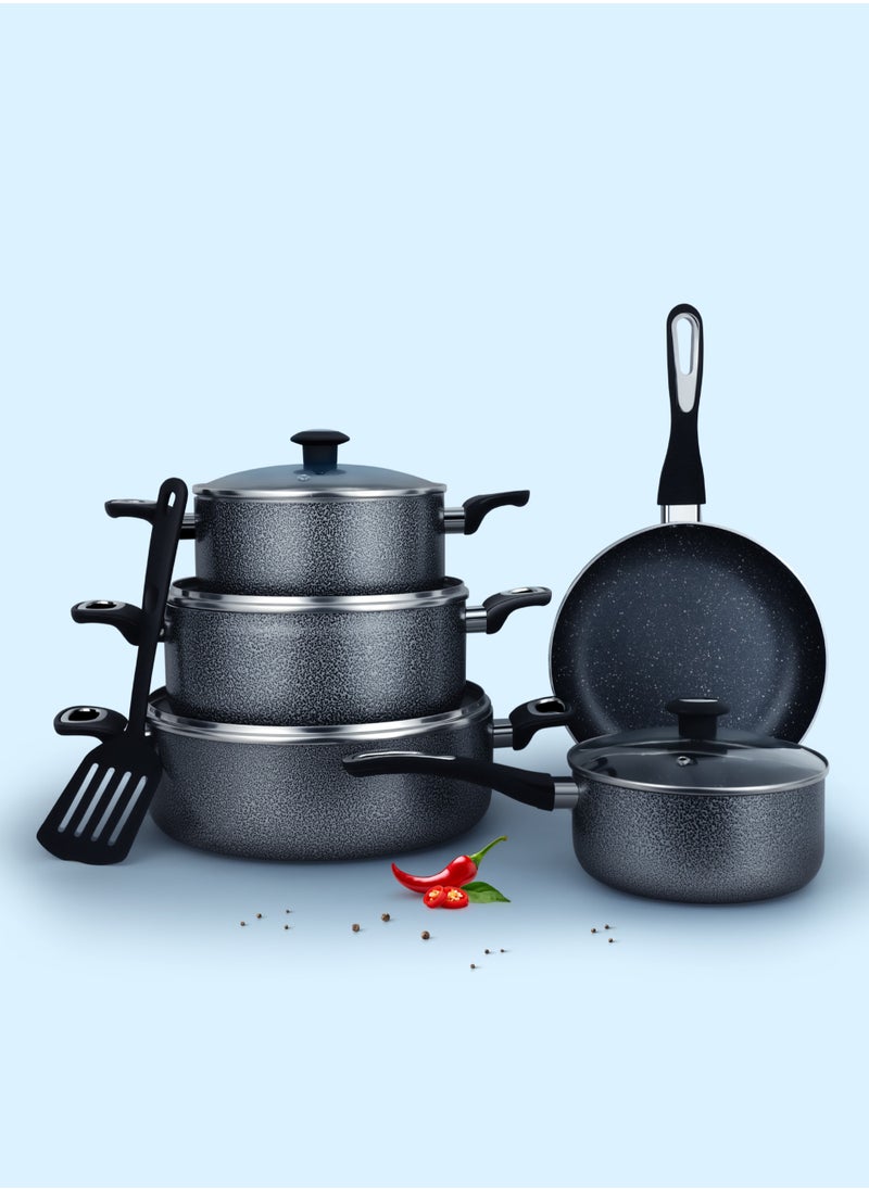 10-Piece Aluminum Cookware Set,5 Layer Super Granite Coating, Non-Stick Surface, Fry Pan 24cm,3 Saucepan with Lid 28\24\20cm, Milk Pan with Lid 18cm And Spatula, PFOA Free-NCB 7110