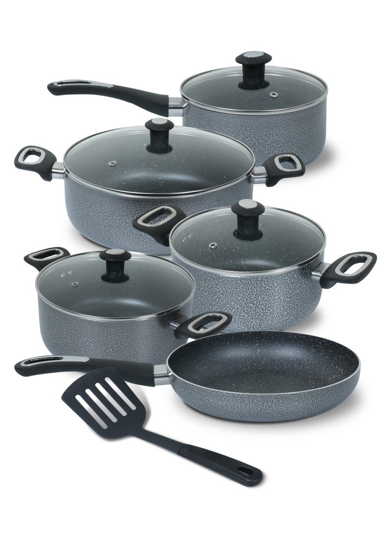 10-Piece Aluminum Cookware Set,5 Layer Super Granite Coating, Non-Stick Surface, Fry Pan 24cm,3 Saucepan with Lid 28\24\20cm, Milk Pan with Lid 18cm And Spatula, PFOA Free-NCB 7110