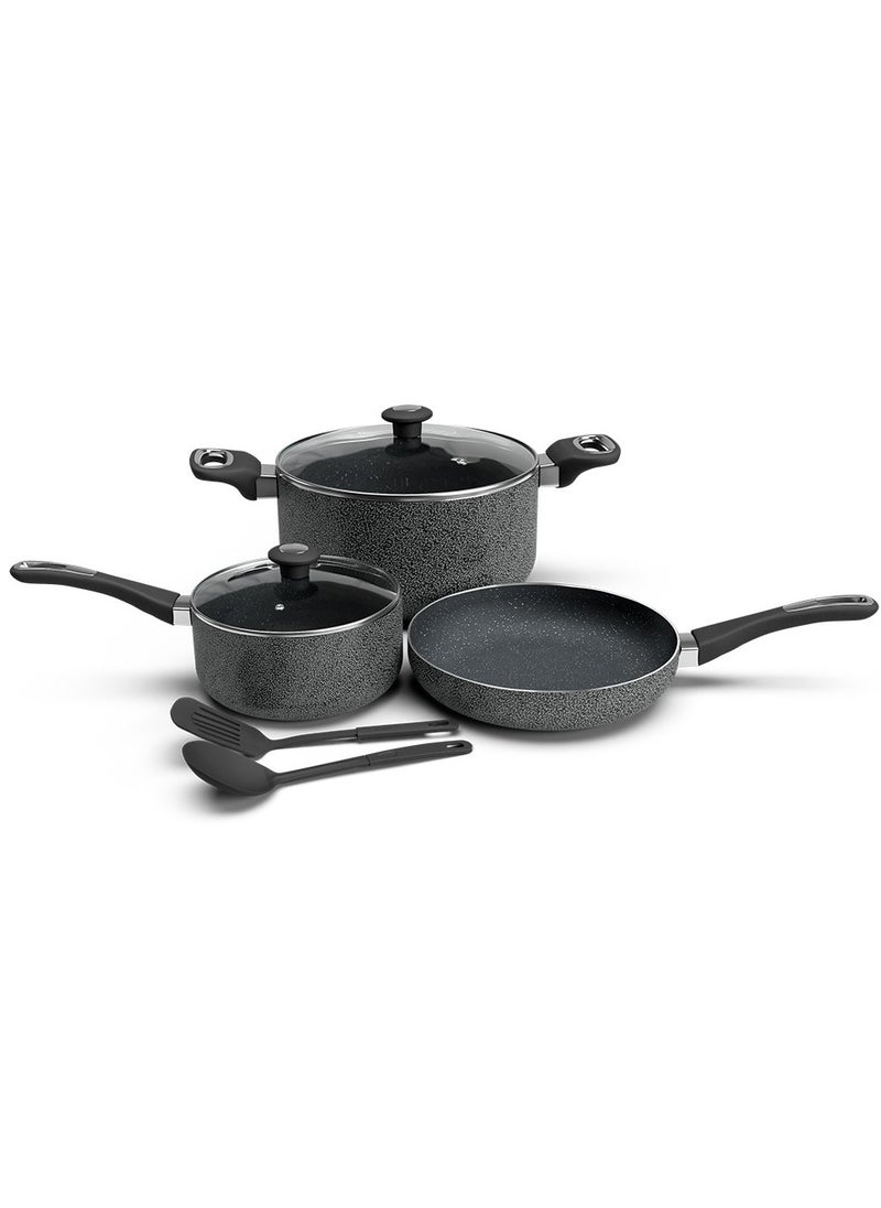 Aluminum Cookware Set Of 7 Pieces-Non-Stick Granite Surface, Tempered Glass Lid, Frying Pan, Saucepan With Lid, Milkpan With Lid,2 Spatula,1 Year Warranty-NCB 7104