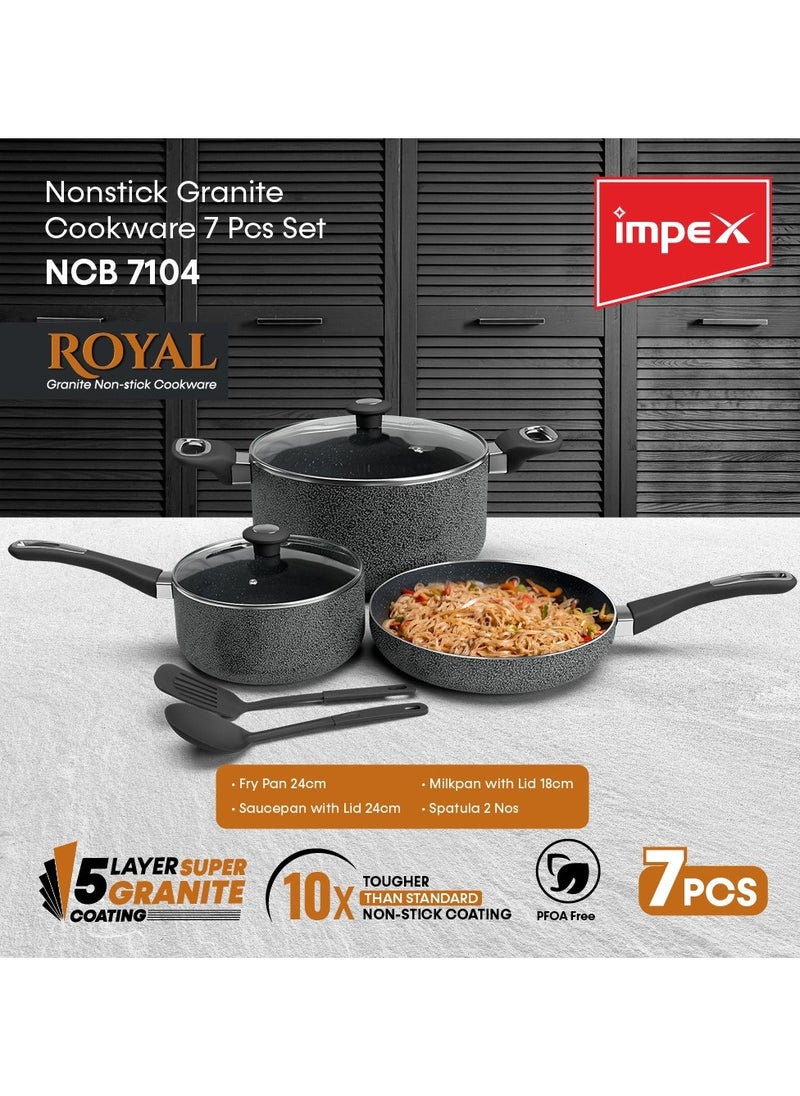 Aluminum Cookware Set Of 7 Pieces-Non-Stick Granite Surface, Tempered Glass Lid, Frying Pan, Saucepan With Lid, Milkpan With Lid,2 Spatula,1 Year Warranty-NCB 7104