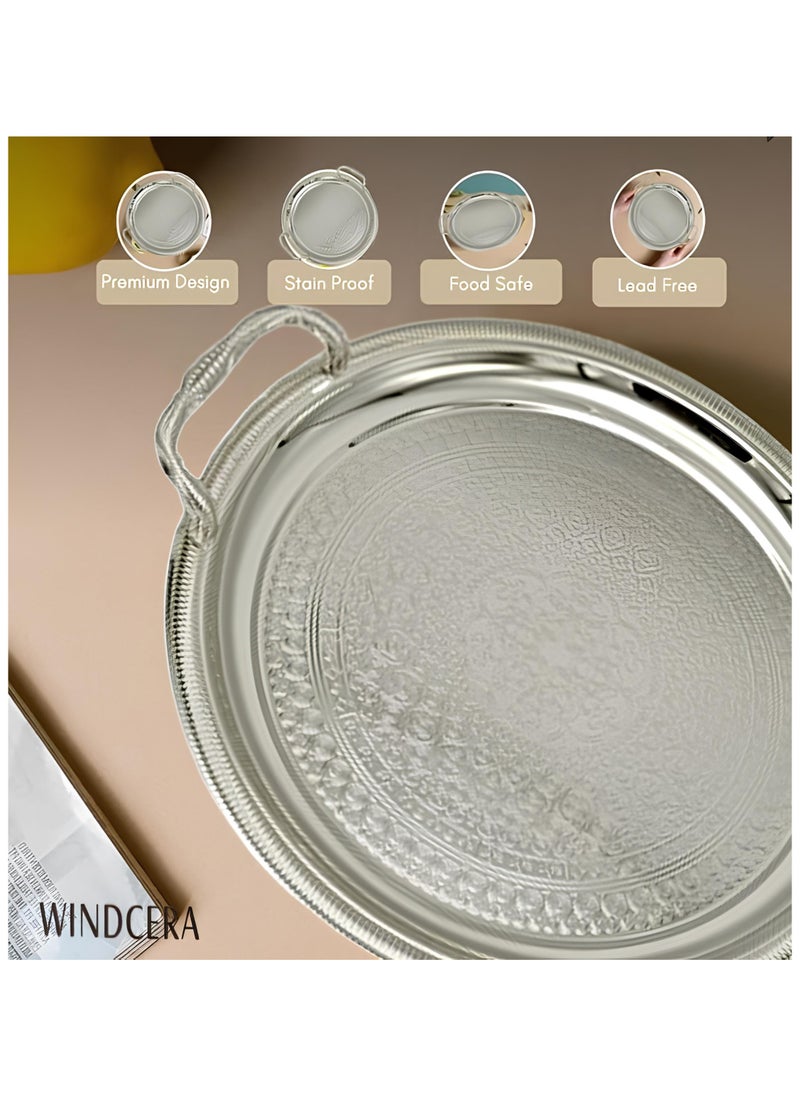 WINDCERA Round Tray Gold & Silver Small - with Handle | Multi-Purpose for Serving Meals, Tea, Coffee, & Gifting | Plated Decorative Tray, Vanity Storage, Wedding Gifting - (55x40cm).