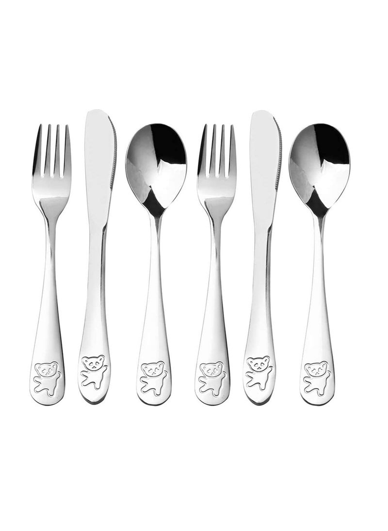 Kids Silverware Stainless Steel Kids Forks and Spoons, Children's Safe Flatware Set, Toddler Utensils, Metal Cutlery Set for Lunchbox Engraved Bear 2 knives + 2 forks + 2 spoons