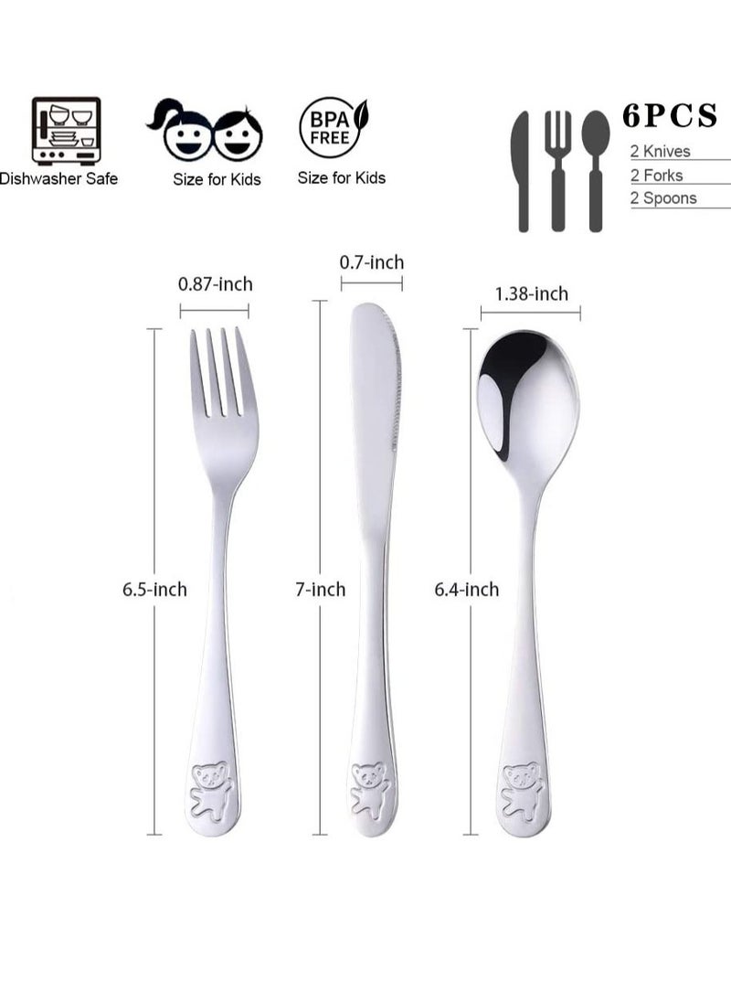 Kids Silverware Stainless Steel Kids Forks and Spoons, Children's Safe Flatware Set, Toddler Utensils, Metal Cutlery Set for Lunchbox Engraved Bear 2 knives + 2 forks + 2 spoons