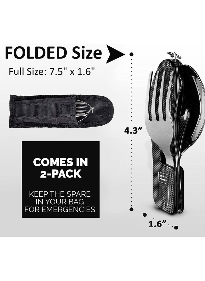 4-in-1 Camping Utensils 2 Pack Portable Stainless Steel Spoon Fork Knife & Bottle Opener Combo Set For Travel Backpacking Cutlery Multitool Folding Knife and Fork Spoon Combination Green