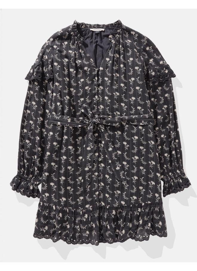 AE Long-Sleeve Button-Up Ruffle Mini Dress