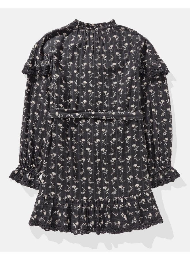 AE Long-Sleeve Button-Up Ruffle Mini Dress