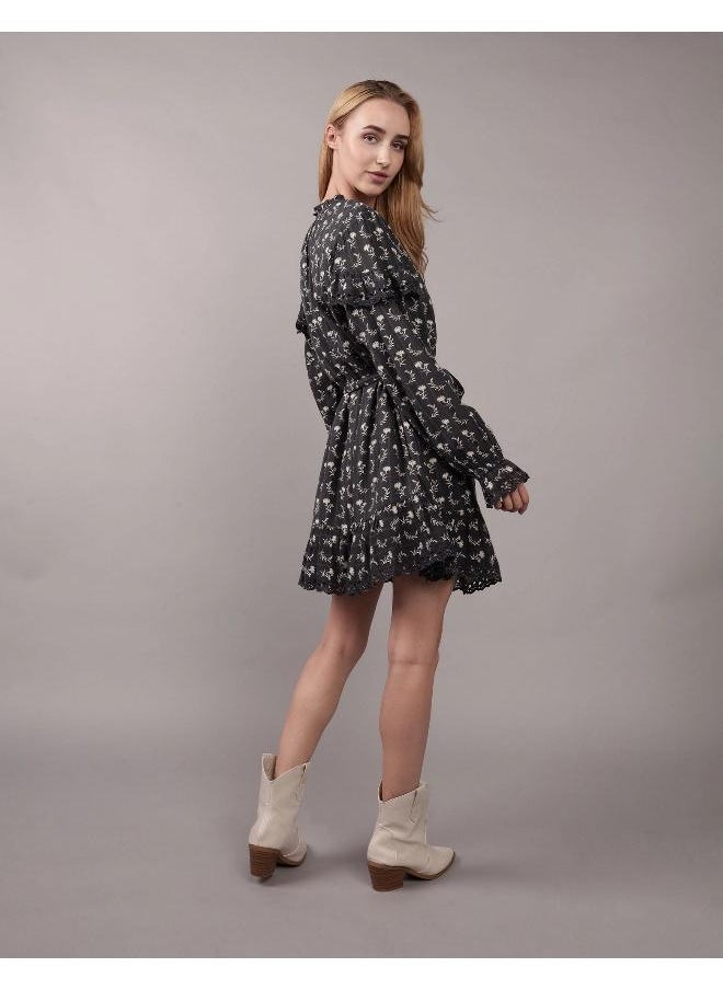AE Long-Sleeve Button-Up Ruffle Mini Dress