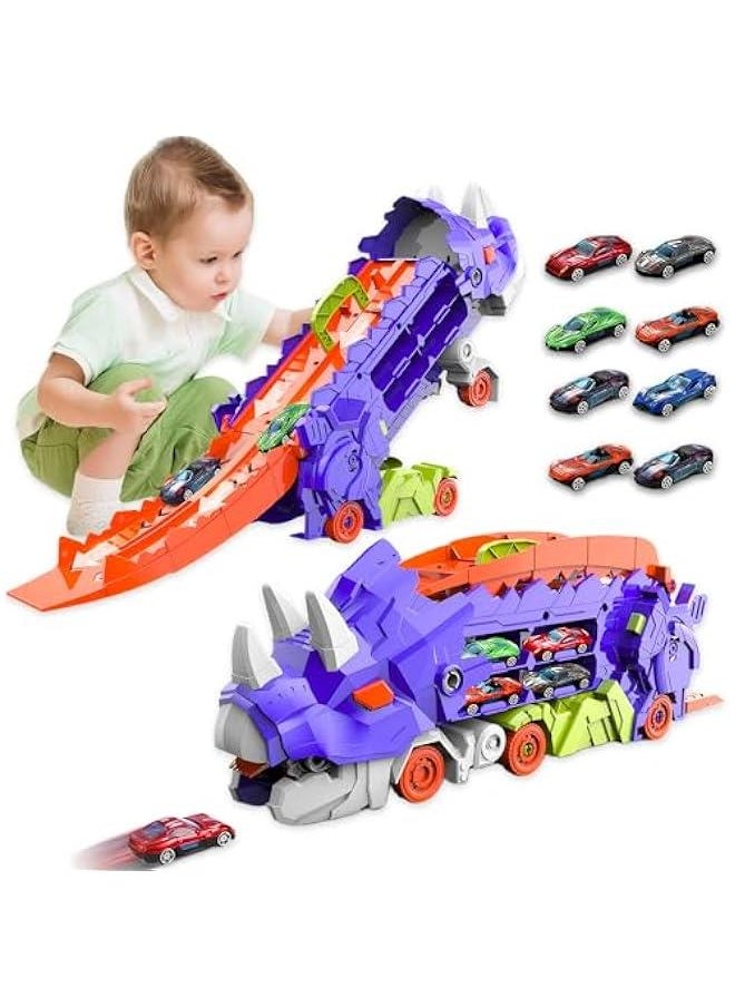 Dinosaur Transporter Truck Foldable Sliding Race Track Toy with 8 Toy Cars for Kids Age 3 4 5 6 7 8 (Purple)