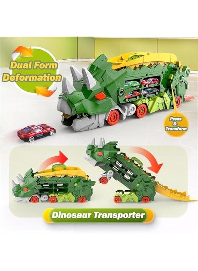 Dinosaur Transporter Truck Foldable Sliding Race Track Toy with 8 Toy Cars for Kids Age 3 4 5 6 7 8 (Green)