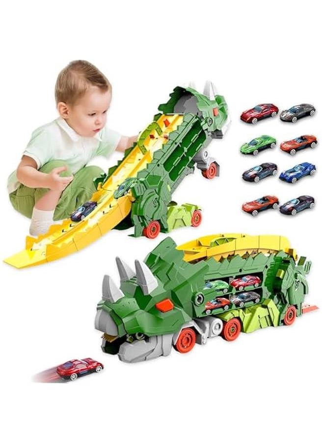 Dinosaur Transporter Truck Foldable Sliding Race Track Toy with 8 Toy Cars for Kids Age 3 4 5 6 7 8 (Green)