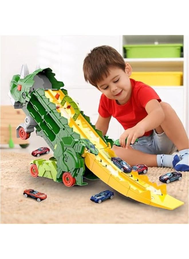 Dinosaur Transporter Truck Foldable Sliding Race Track Toy with 8 Toy Cars for Kids Age 3 4 5 6 7 8 (Green)