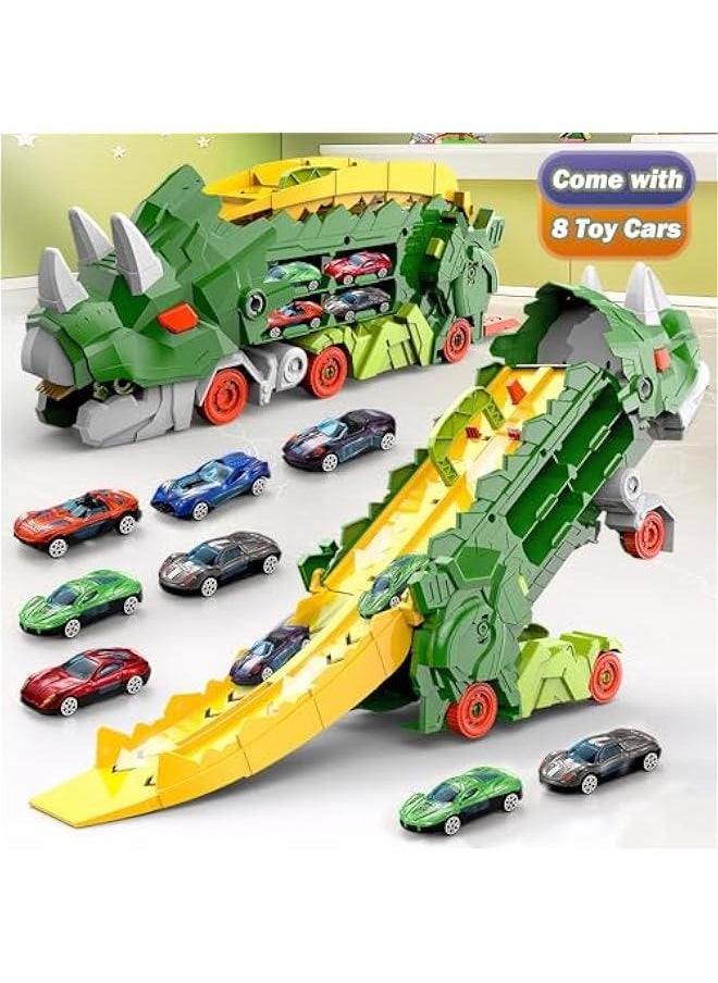 Dinosaur Transporter Truck Foldable Sliding Race Track Toy with 8 Toy Cars for Kids Age 3 4 5 6 7 8 (Green)