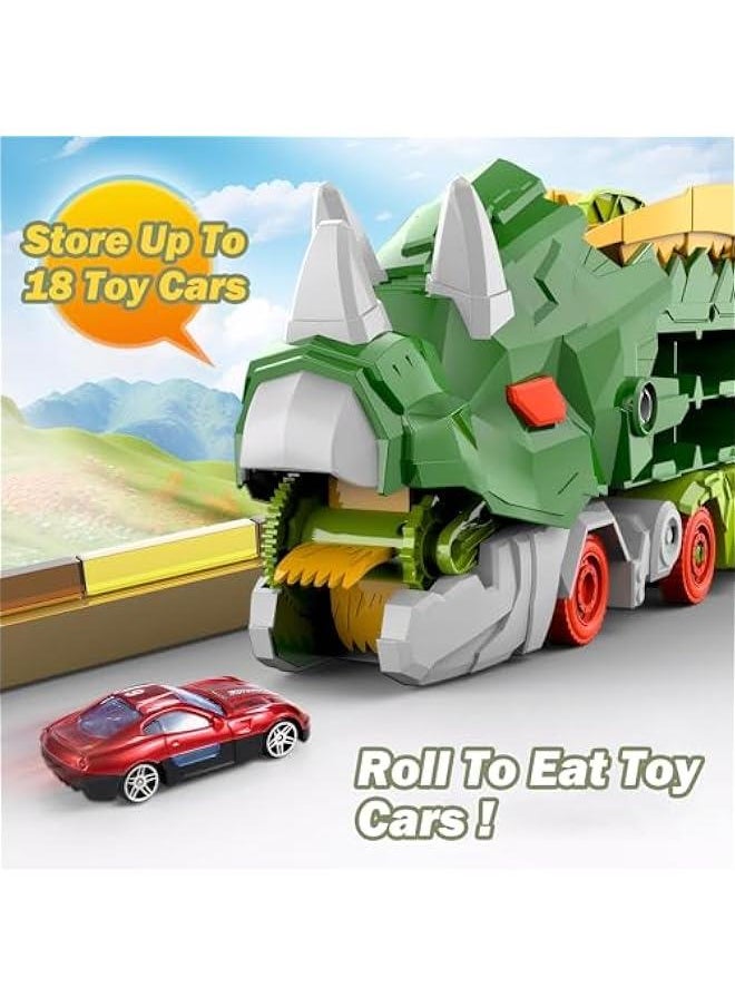 Dinosaur Transporter Truck Foldable Sliding Race Track Toy with 8 Toy Cars for Kids Age 3 4 5 6 7 8 (Green)