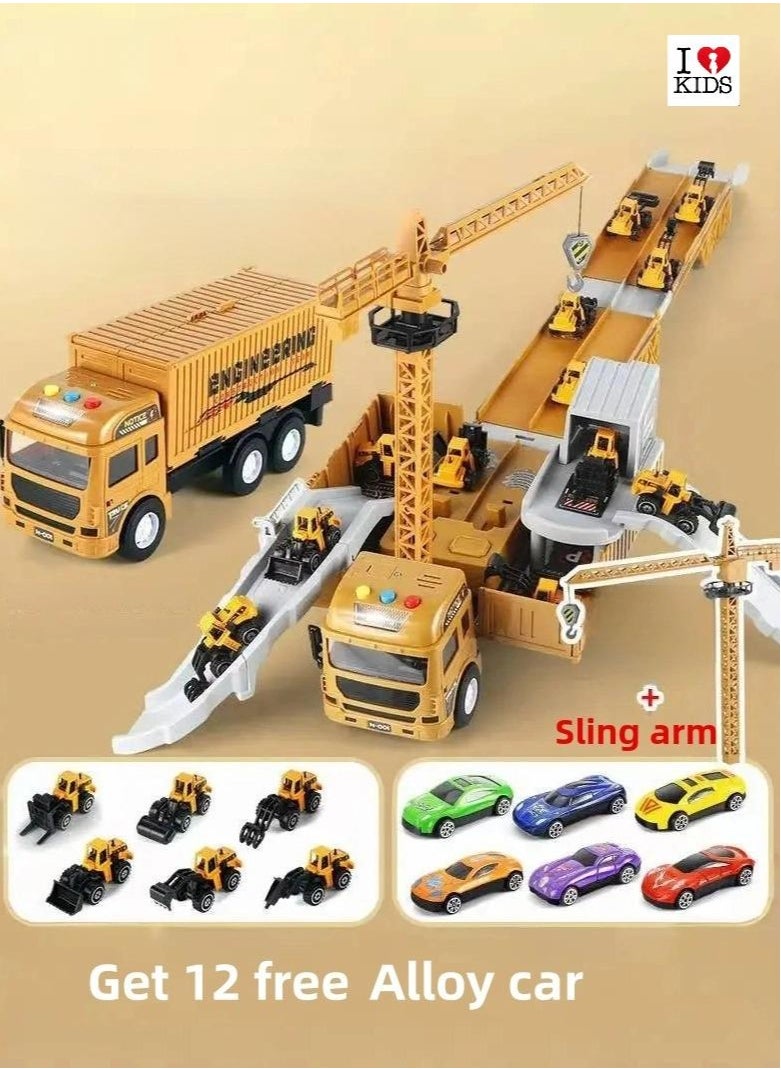 Ejection Engineering Vehicle,Container Truck,12 PCS Alloy Cars,Crane,Gifts For Children 3+Years