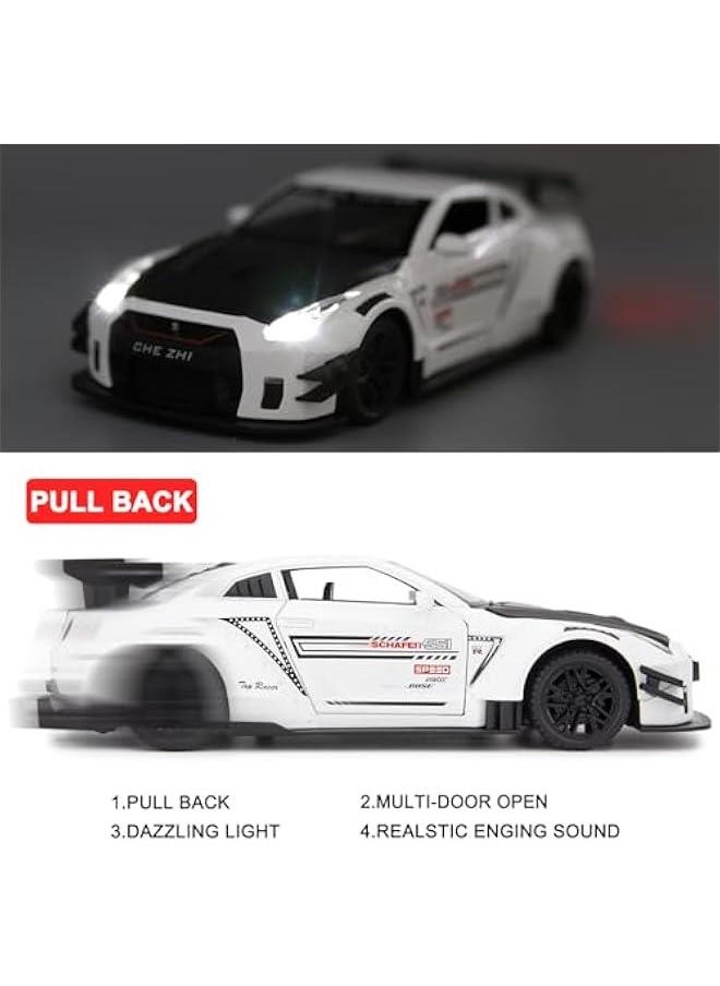 1/24 Scale Compatible for Nissan GTR Model Car Toy, Zinc Alloy Pull Back Toy car with Sound and Light for Kids Boy Girl Gift (White)