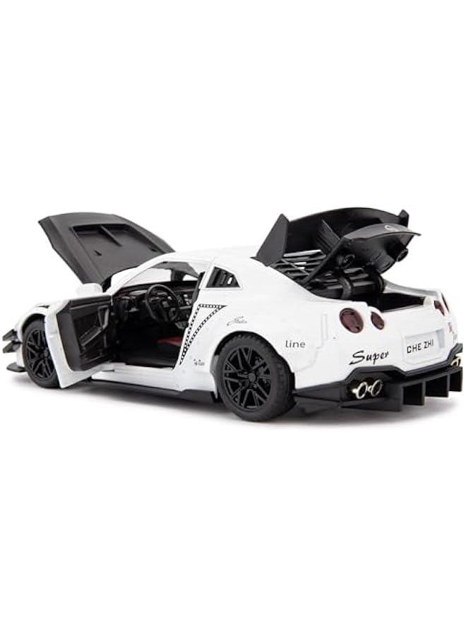 1/24 Scale Compatible for Nissan GTR Model Car Toy, Zinc Alloy Pull Back Toy car with Sound and Light for Kids Boy Girl Gift (White)