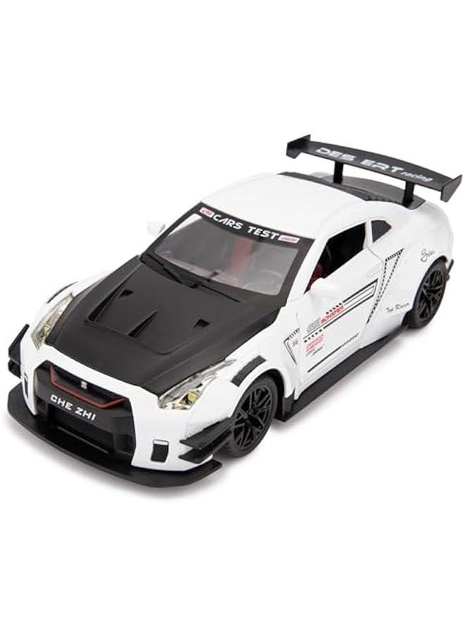 1/24 Scale Compatible for Nissan GTR Model Car Toy, Zinc Alloy Pull Back Toy car with Sound and Light for Kids Boy Girl Gift (White)