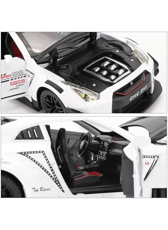 1/24 Scale Compatible for Nissan GTR Model Car Toy, Zinc Alloy Pull Back Toy car with Sound and Light for Kids Boy Girl Gift (White)