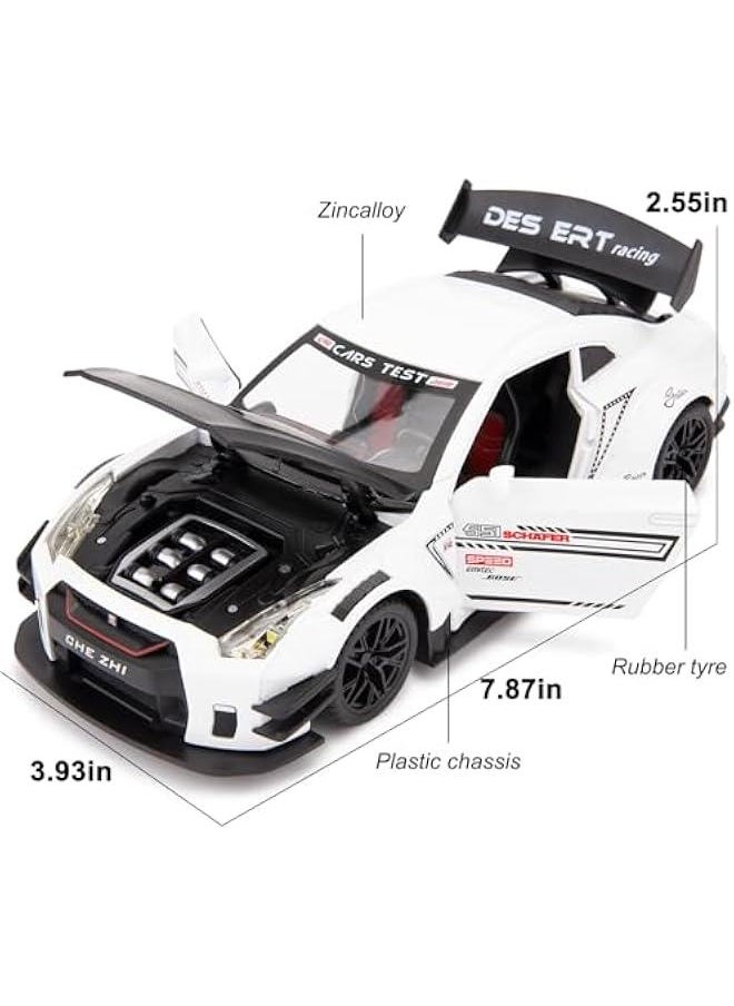 1/24 Scale Compatible for Nissan GTR Model Car Toy, Zinc Alloy Pull Back Toy car with Sound and Light for Kids Boy Girl Gift (White)